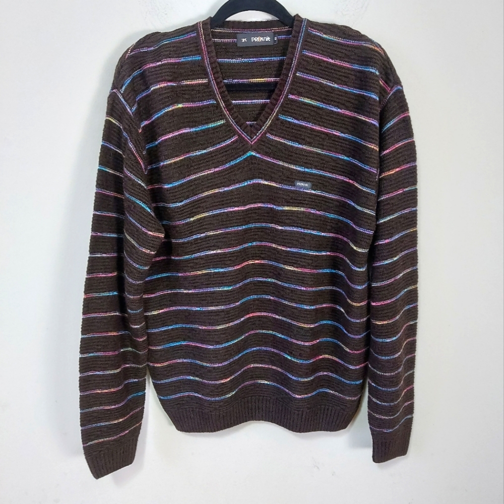 PriKnit Men Stripe Grandpa Academia Cosby V-neck Sweater Size 40 EU Pullover